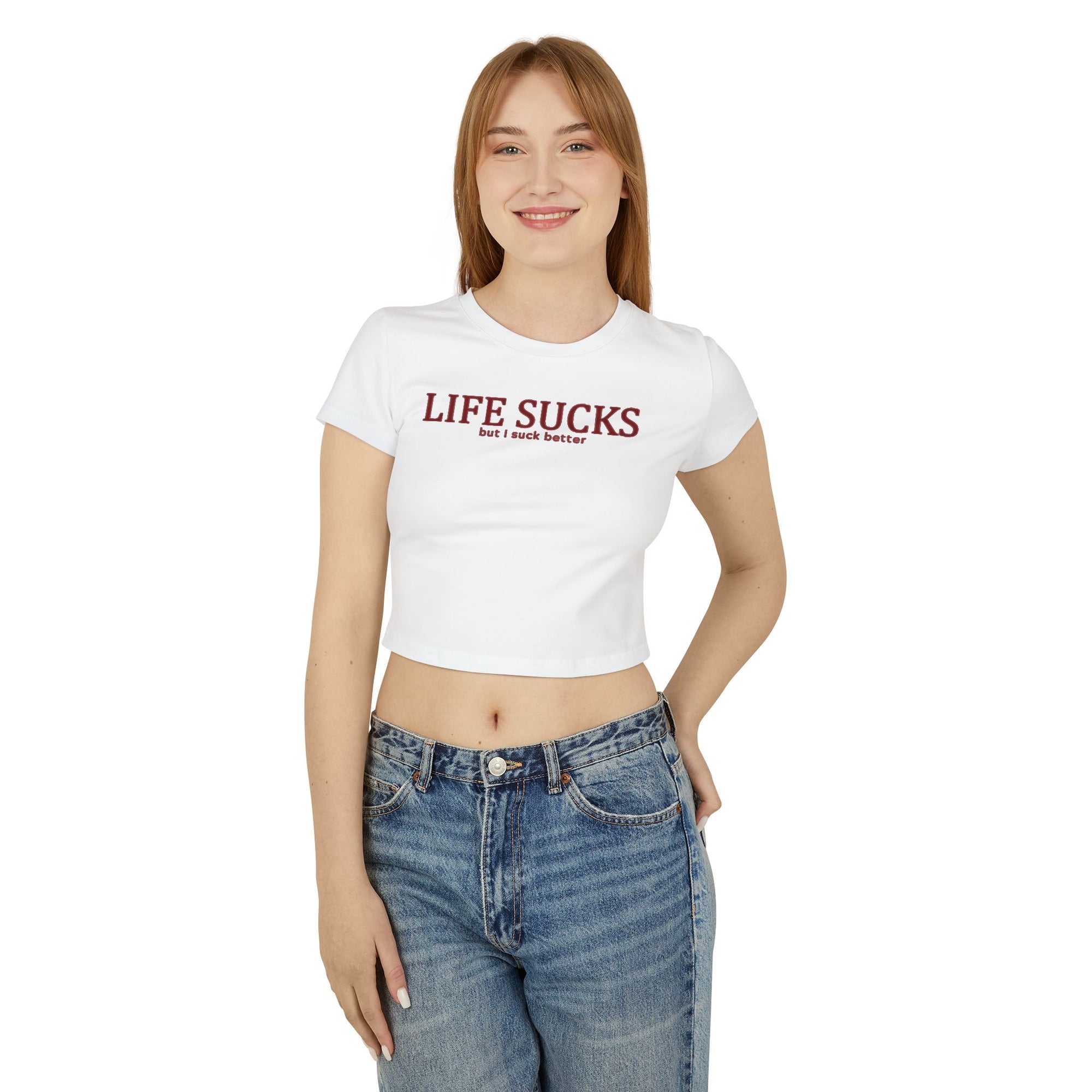 “Life Sucks but I Suck Better” Baby Tee – Bold Graphic Crop Top for Women