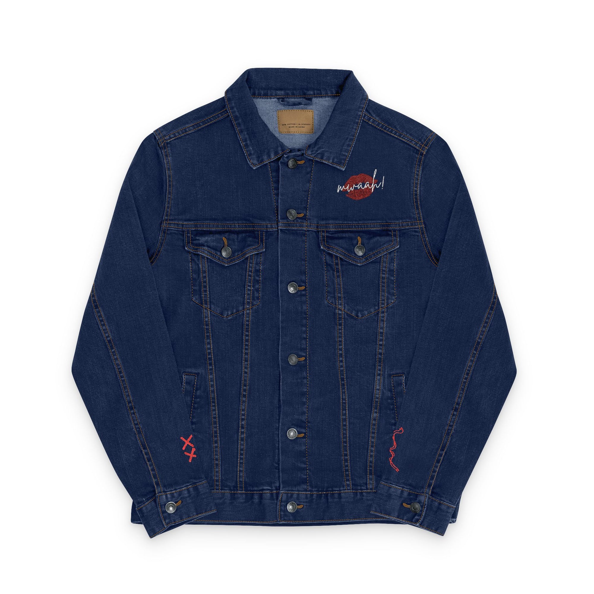 Embroidered Kiss Denim Jacket, Stylish Unisex Outerwear, Perfect Gift for Her, Trendy Fashion Statement, Valentines Day, Summer Style