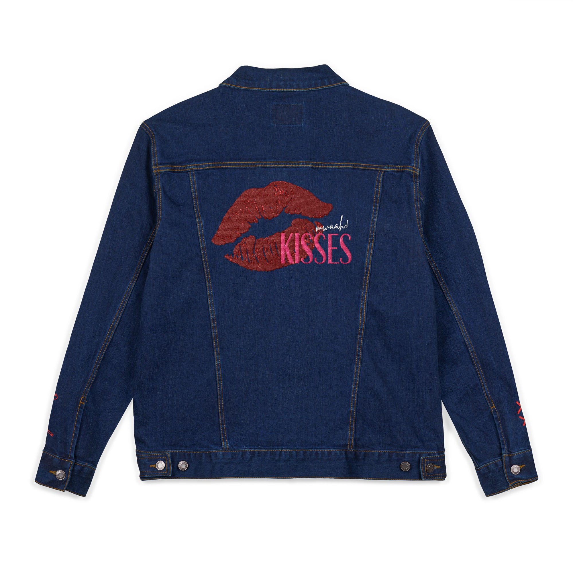 Embroidered Kiss Denim Jacket, Stylish Unisex Outerwear, Perfect Gift for Her, Trendy Fashion Statement, Valentines Day, Summer Style
