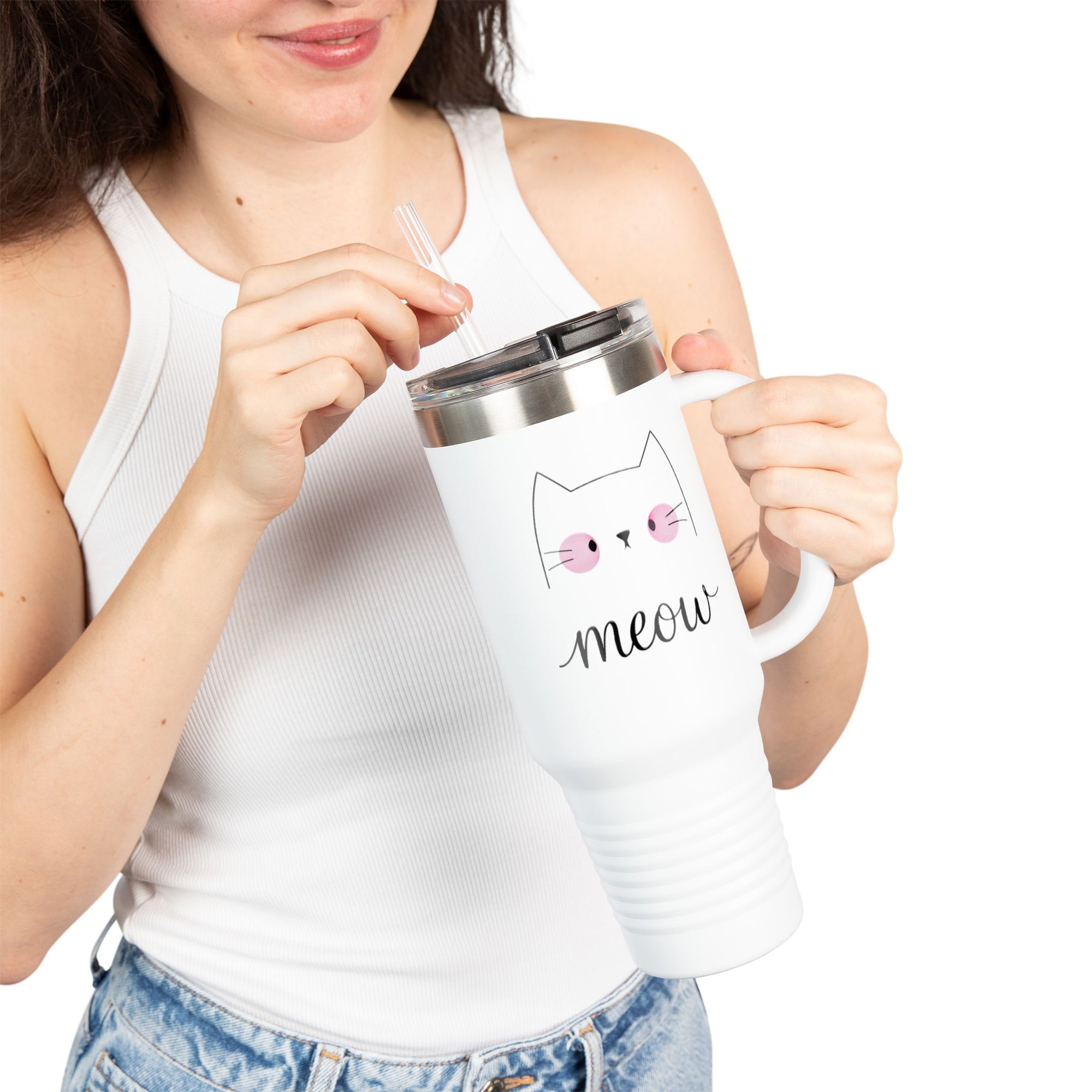Cute Cat Insulated Travel Mug with Handle | Stainless Steel Tumbler for Coffee & Tea | Leak-Proof Gift for Cat Lovers