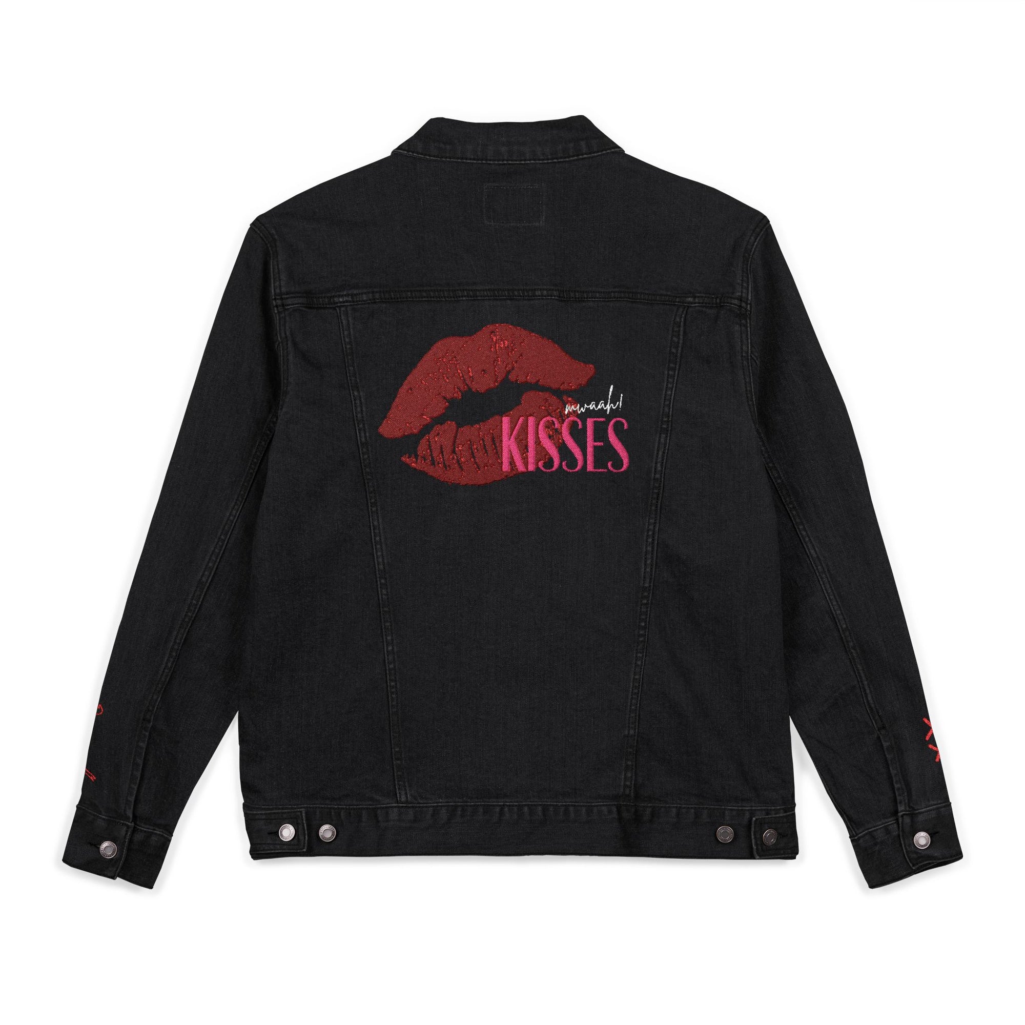 Embroidered Kiss Denim Jacket, Stylish Unisex Outerwear, Perfect Gift for Her, Trendy Fashion Statement, Valentines Day, Summer Style