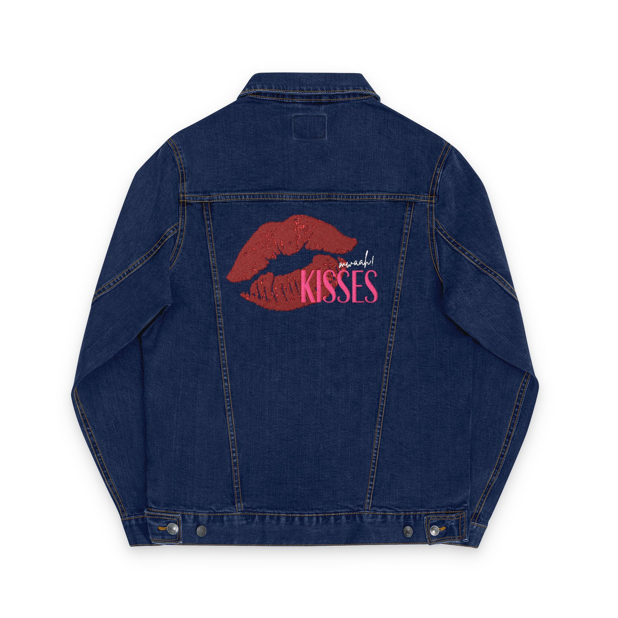 Embroidered Kiss Denim Jacket, Stylish Unisex Outerwear, Perfect Gift for Her, Trendy Fashion Statement, Valentines Day, Summer Style