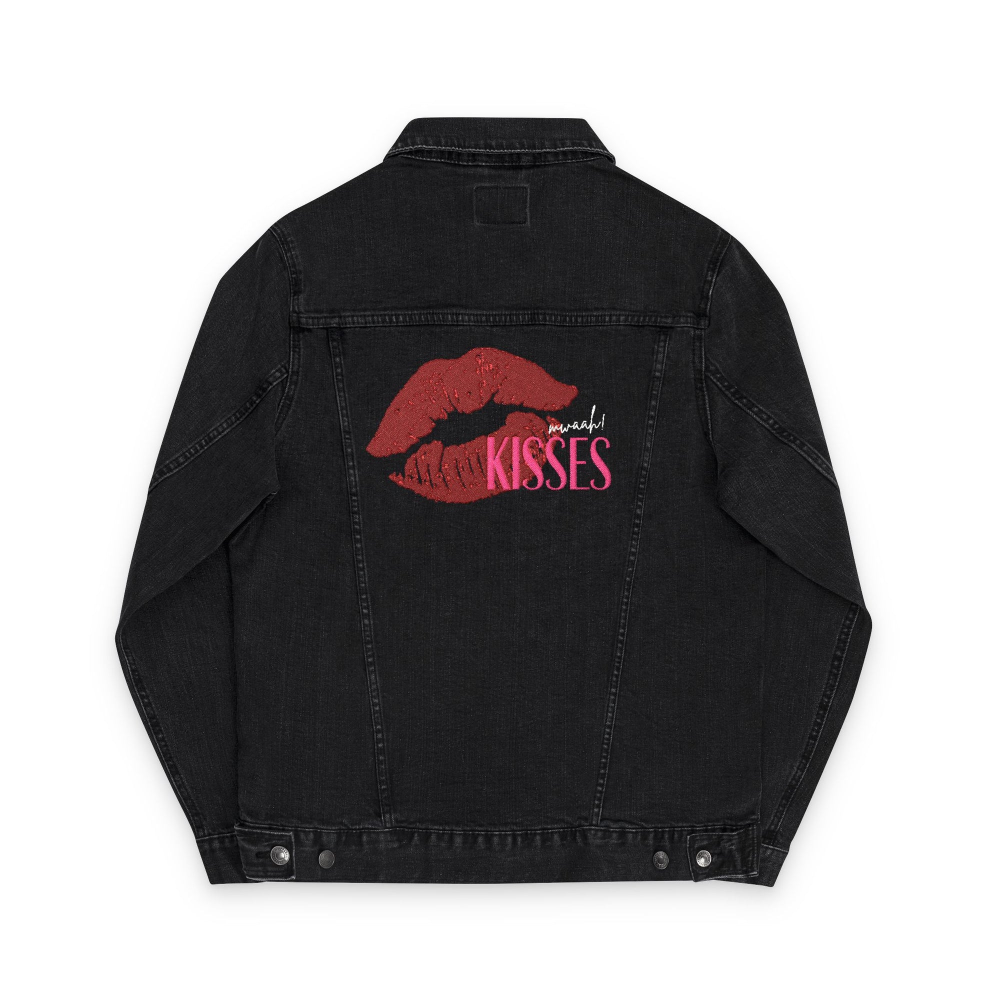 Embroidered Kiss Denim Jacket, Stylish Unisex Outerwear, Perfect Gift for Her, Trendy Fashion Statement, Valentines Day, Summer Style