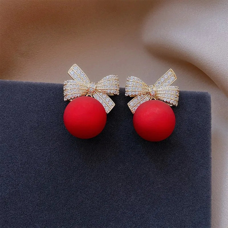 Round Bead Bow Heart Red Earrings Dangle for Women Irregular Pendant Luxury Crystals Jewelry Wholesale 2023 Christmas New Gifts