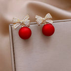 Round Bead Bow Heart Red Earrings Dangle for Women Irregular Pendant Luxury Crystals Jewelry Wholesale 2023 Christmas New Gifts