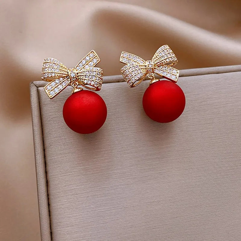Round Bead Bow Heart Red Earrings Dangle for Women Irregular Pendant Luxury Crystals Jewelry Wholesale 2023 Christmas New Gifts