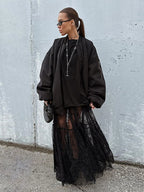 Mueyeruho 2024 Spring Summer Women Sexy Maxi Lace Skirts Solid High Waist Flare Long Skirt for Women