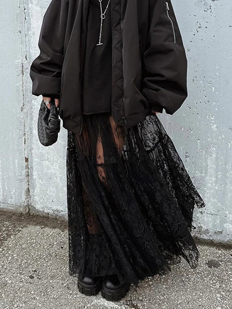 Mueyeruho 2024 Spring Summer Women Sexy Maxi Lace Skirts Solid High Waist Flare Long Skirt for Women