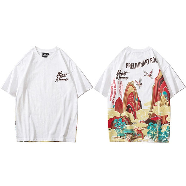 Streetwear T Shirt Men Hip Hop Chinese Colorful Fairyland Tshirt Short Sleeve Cotton