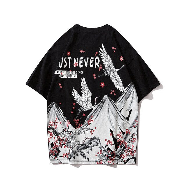 Streetwear Hip Hop T Shirt Men Harajuku Japanese Short Sleeve Tshirt Summer Casual Crane Cherry Floral T-Shirt