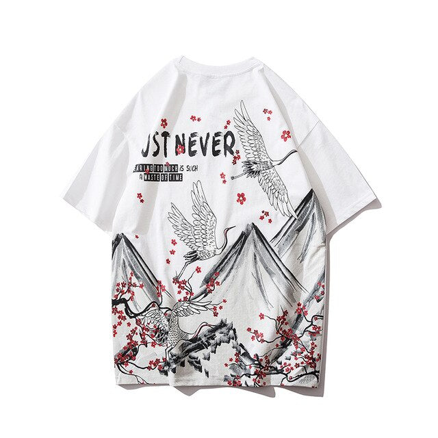Streetwear Hip Hop T Shirt Men Harajuku Japanese Short Sleeve Tshirt Summer Casual Crane Cherry Floral T-Shirt