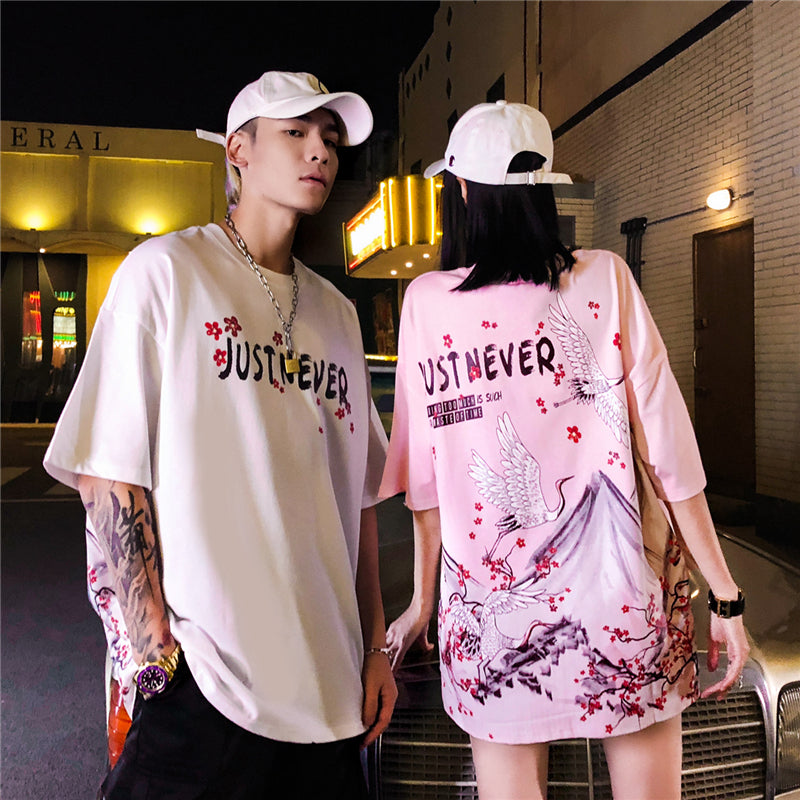 Streetwear Hip Hop T Shirt Men Harajuku Japanese Short Sleeve Tshirt Summer Casual Crane Cherry Floral T-Shirt